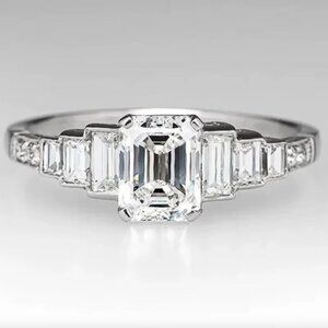 14k White Gold Diamond Ring Band Emerald Cut Ring Band